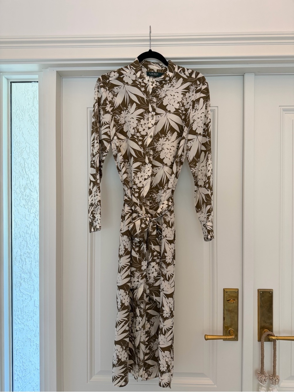 Lauren Ralph Lauren Olive & Ivory Floral Midi Button Down Wrap Dress size 8